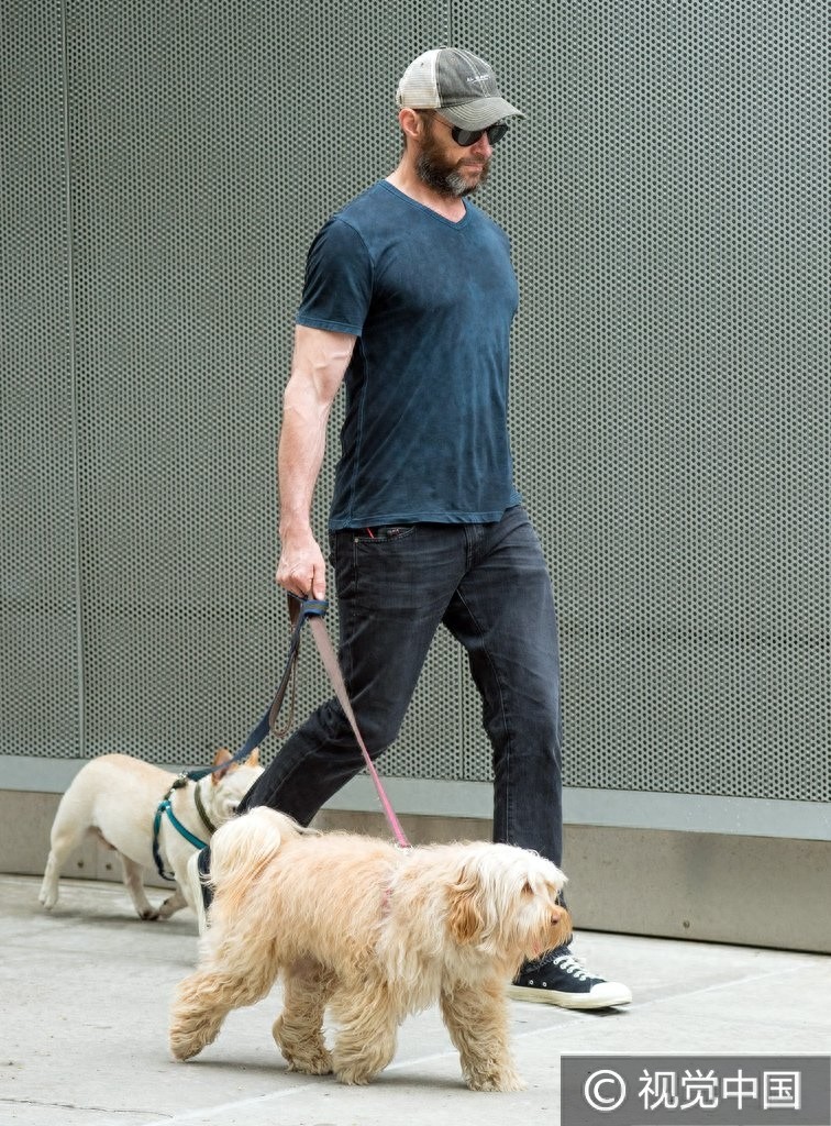 “狼叔”休杰克曼休闲装低调出街 胡子拉渣牵萌宠无人识